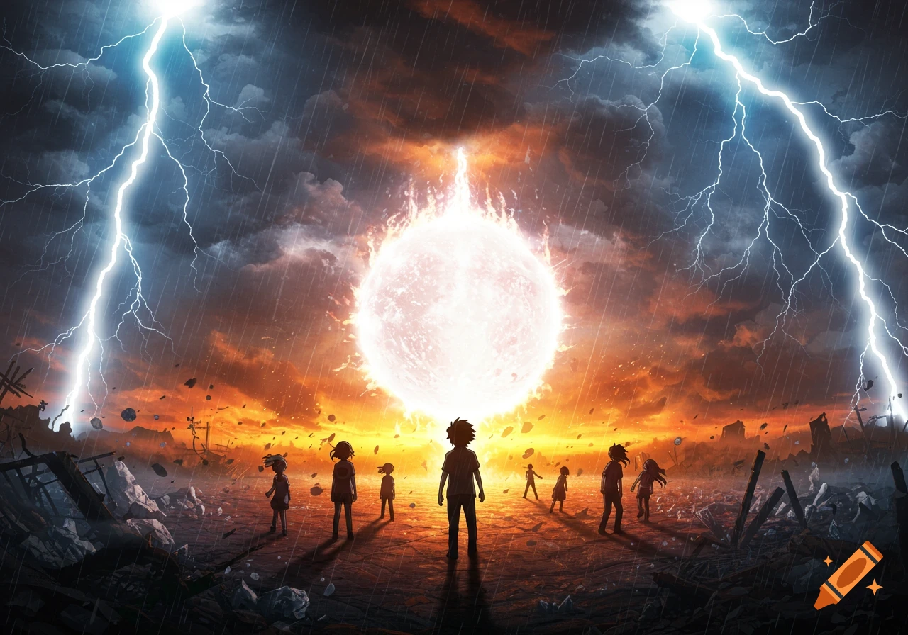 Anime drawing of teenagers on a ruined landscape, facing a giant fiery orb under a stormy sky with lightning and rain.