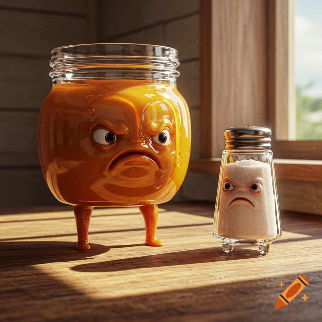 A photorealistic 3D image of an angry jar of honey with tiny legs next to an angry salt shaker with tiny legs on a wooden table.