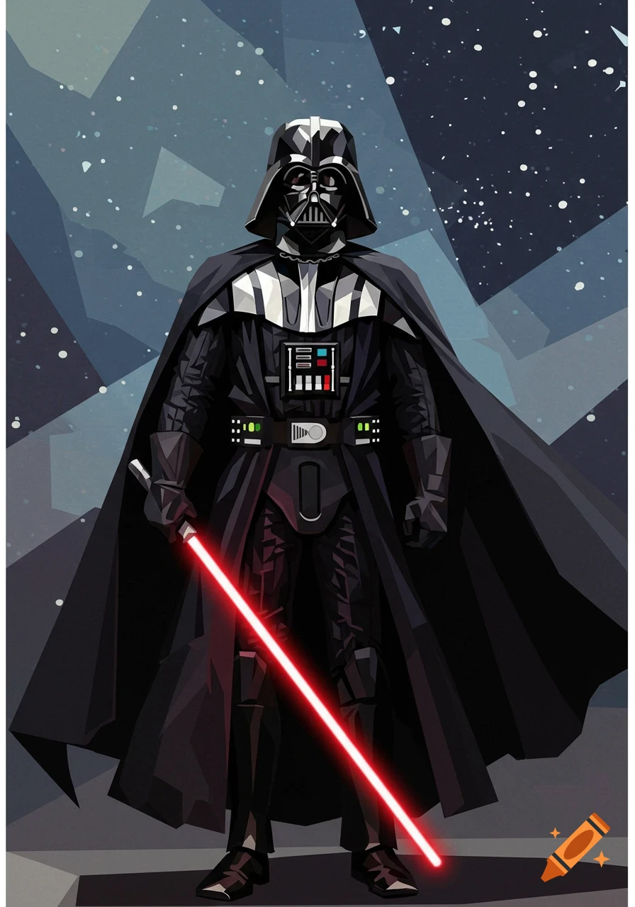 Geometric illustration of Darth Vader holding a red lightsaber, standing against an abstract starry background.