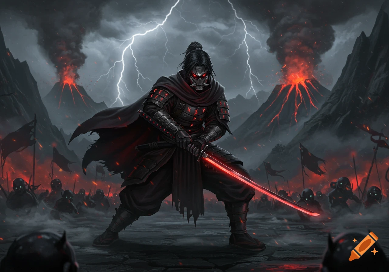 A masked samurai warrior with glowing red eyes and a red katana stands in a dark volcanic landscape with lightning and shadowy figures. Dark fantasy digital art.