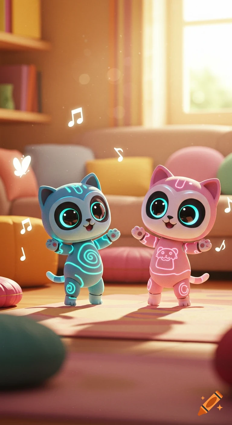 Two cute blue and pink cartoon kittens with glowing patterns dance happily amidst musical notes in a soft-lit, colorful room.