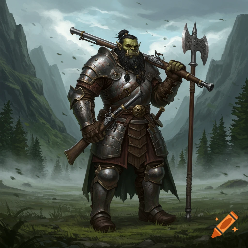 A bearded orc warrior in ornate silver armor, holding a musket and axe, stands in a misty green mountain landscape.