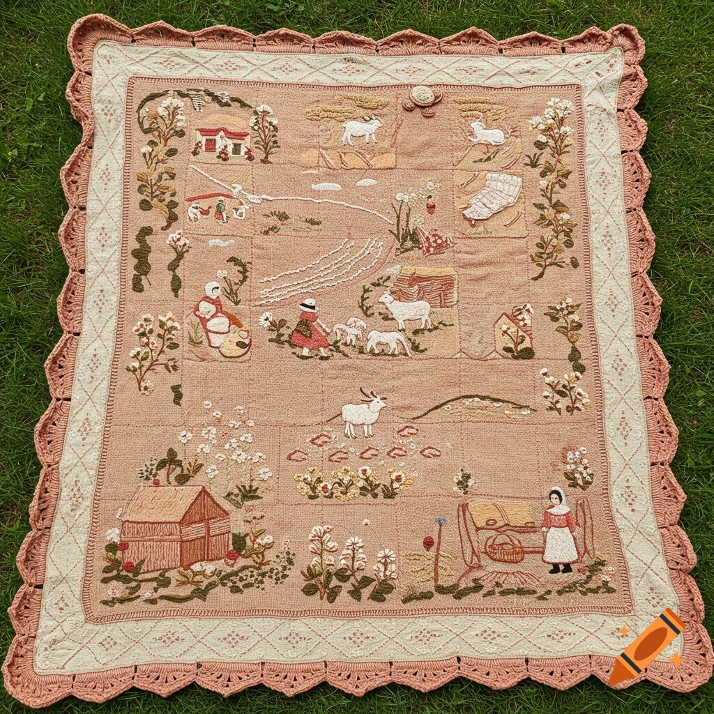 An intricate embroidered blanket depicting rural scenes with people, animals, and houses, with a crocheted border, laid on green grass.