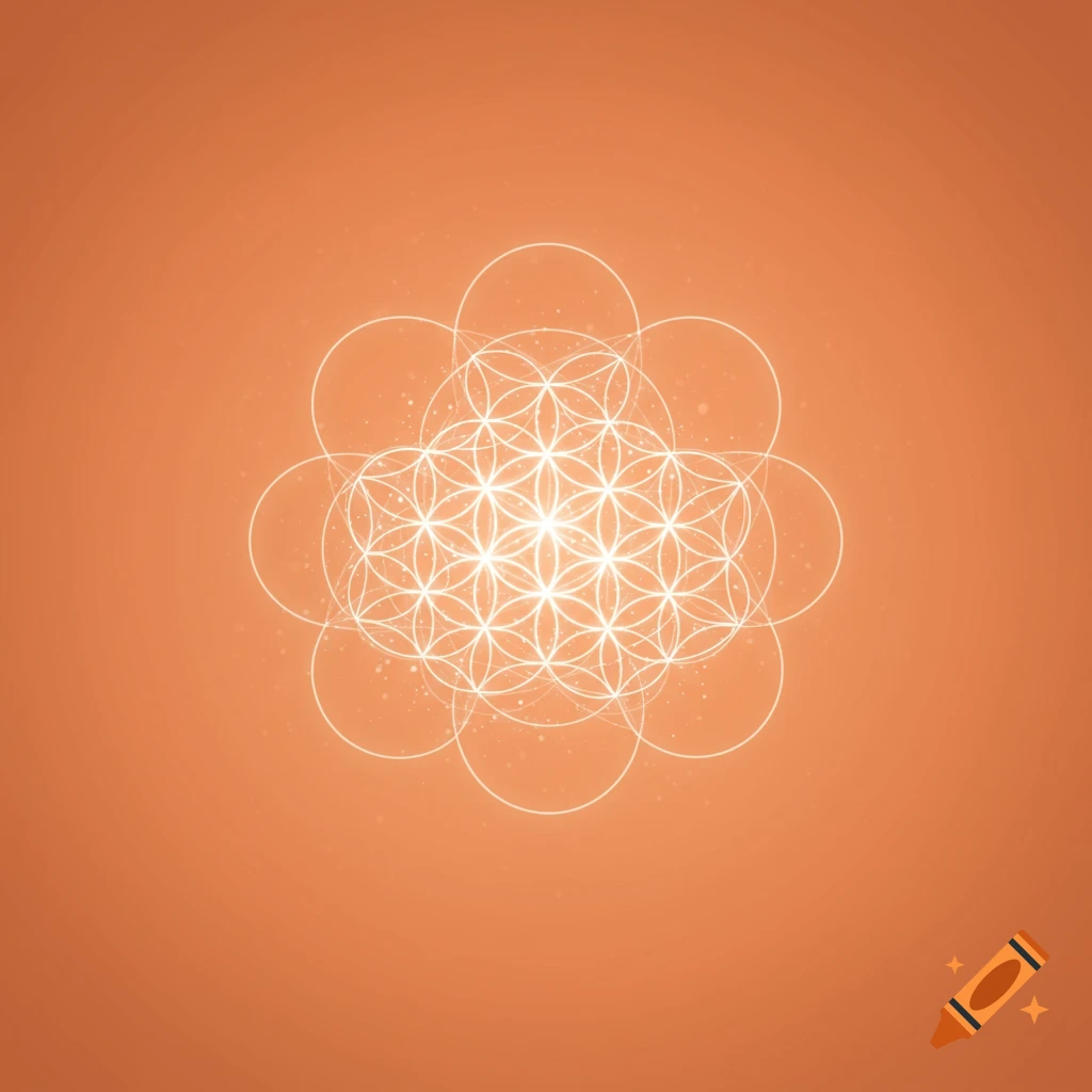 A glowing white Seed of Life geometric diagram centered on a soft peach background.