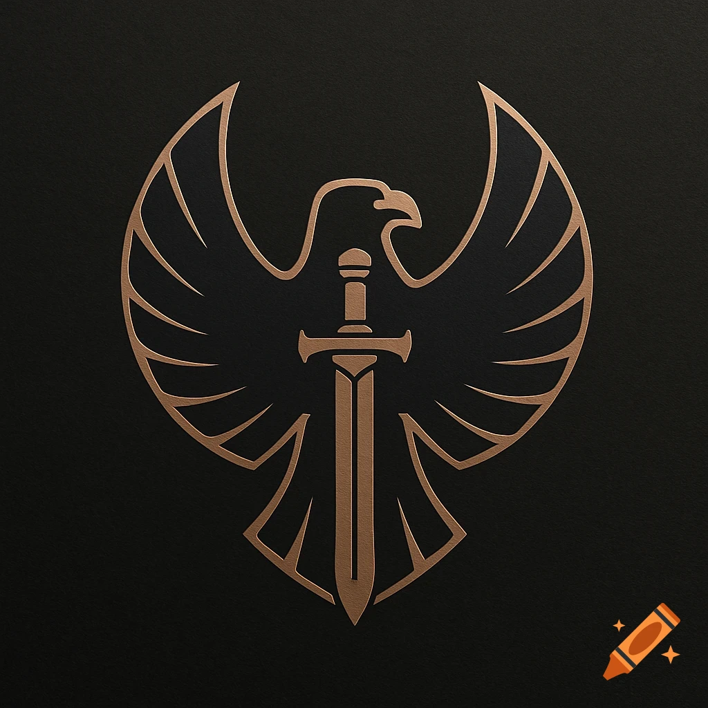 Minimalist bronze logo of an eagle with spread wings holding a sword, on a black background.