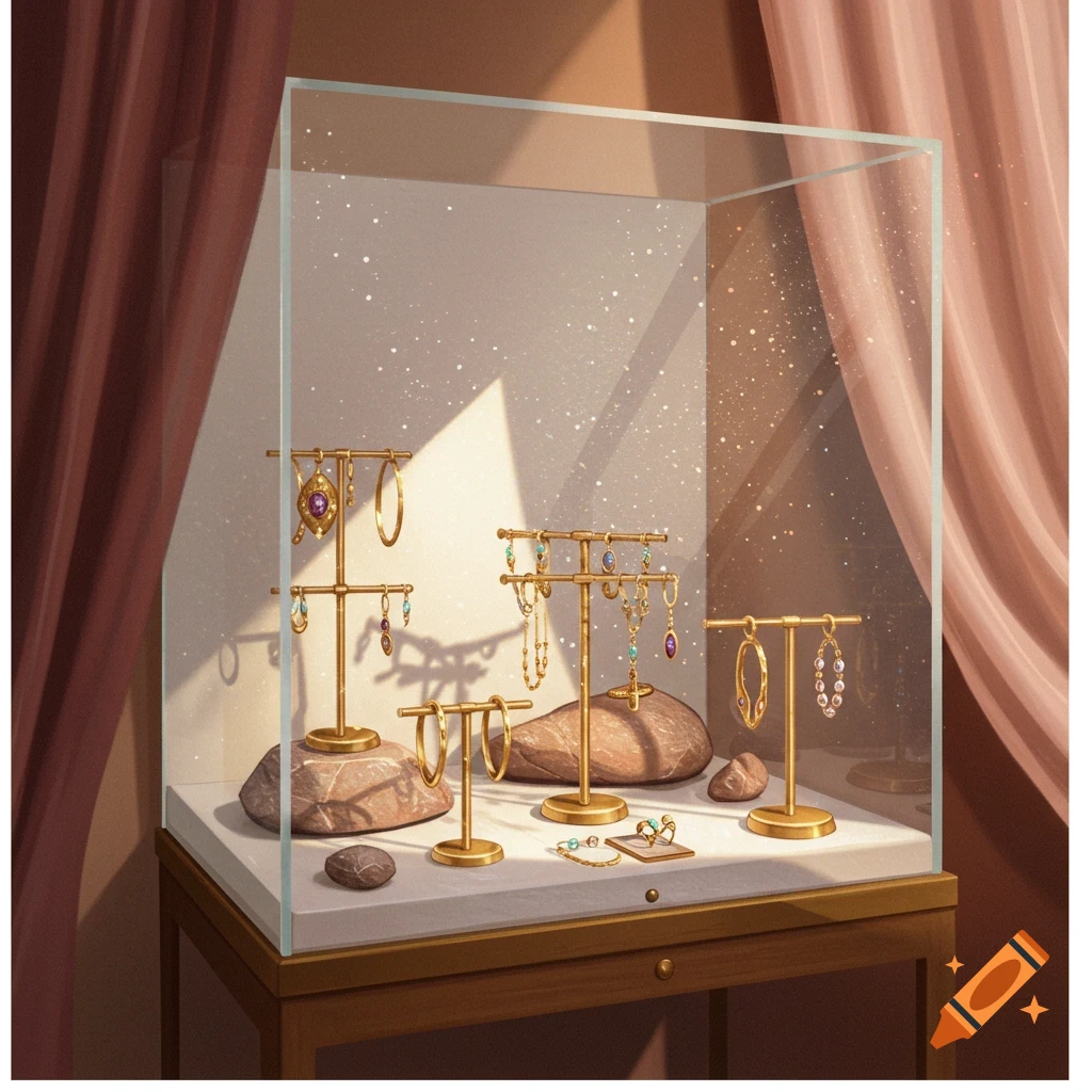 Artistic glass jewelry display case with golden stands, earrings, necklaces on stone bases, soft light, and pink curtains.