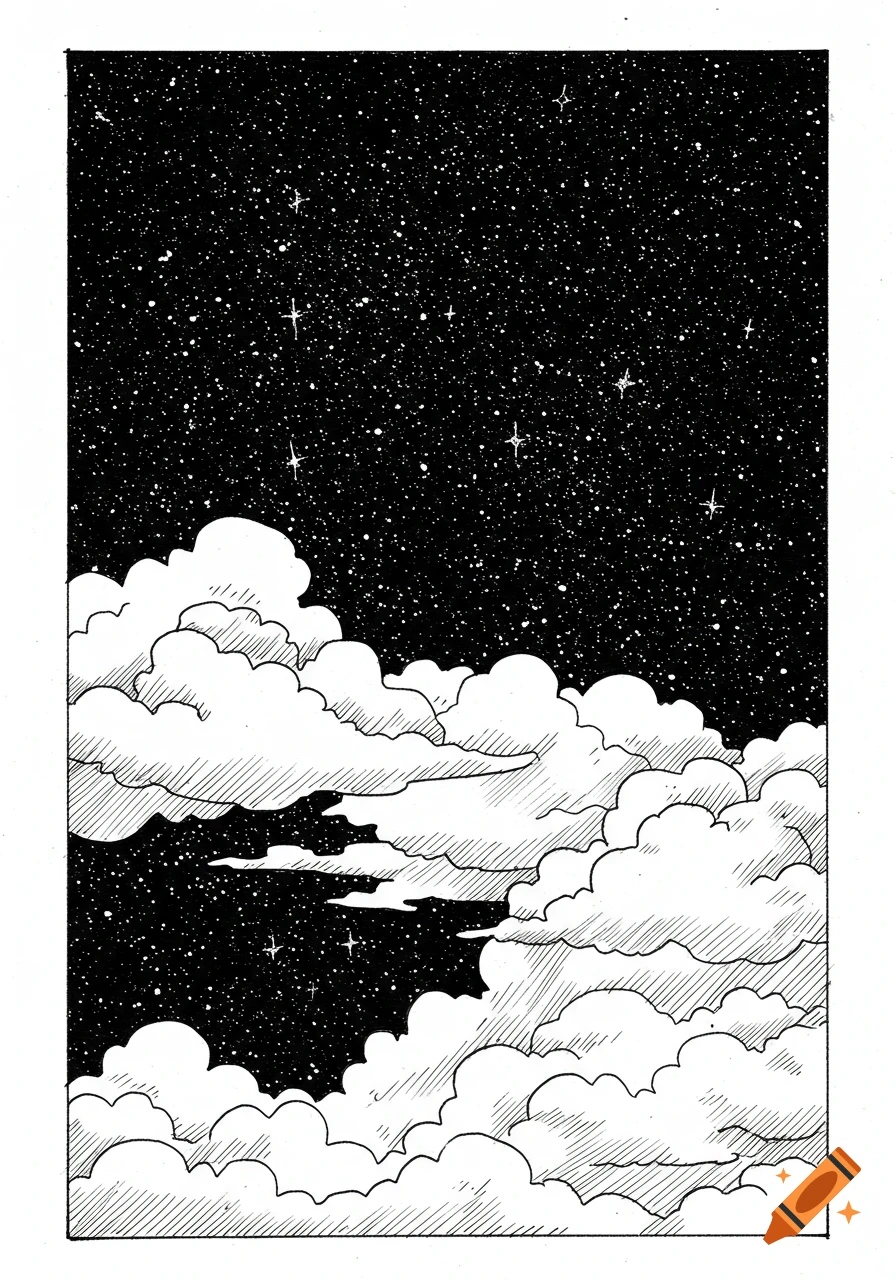 Hand-drawn black and white sketch of a starry night sky with fluffy clouds.