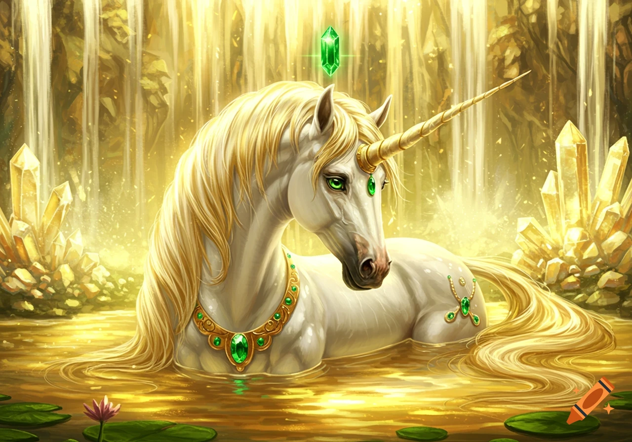 A white unicorn with a golden horn, mane, and tail, adorned with emeralds, bathes in a glowing golden pond with a crystal waterfall background and lily pads.