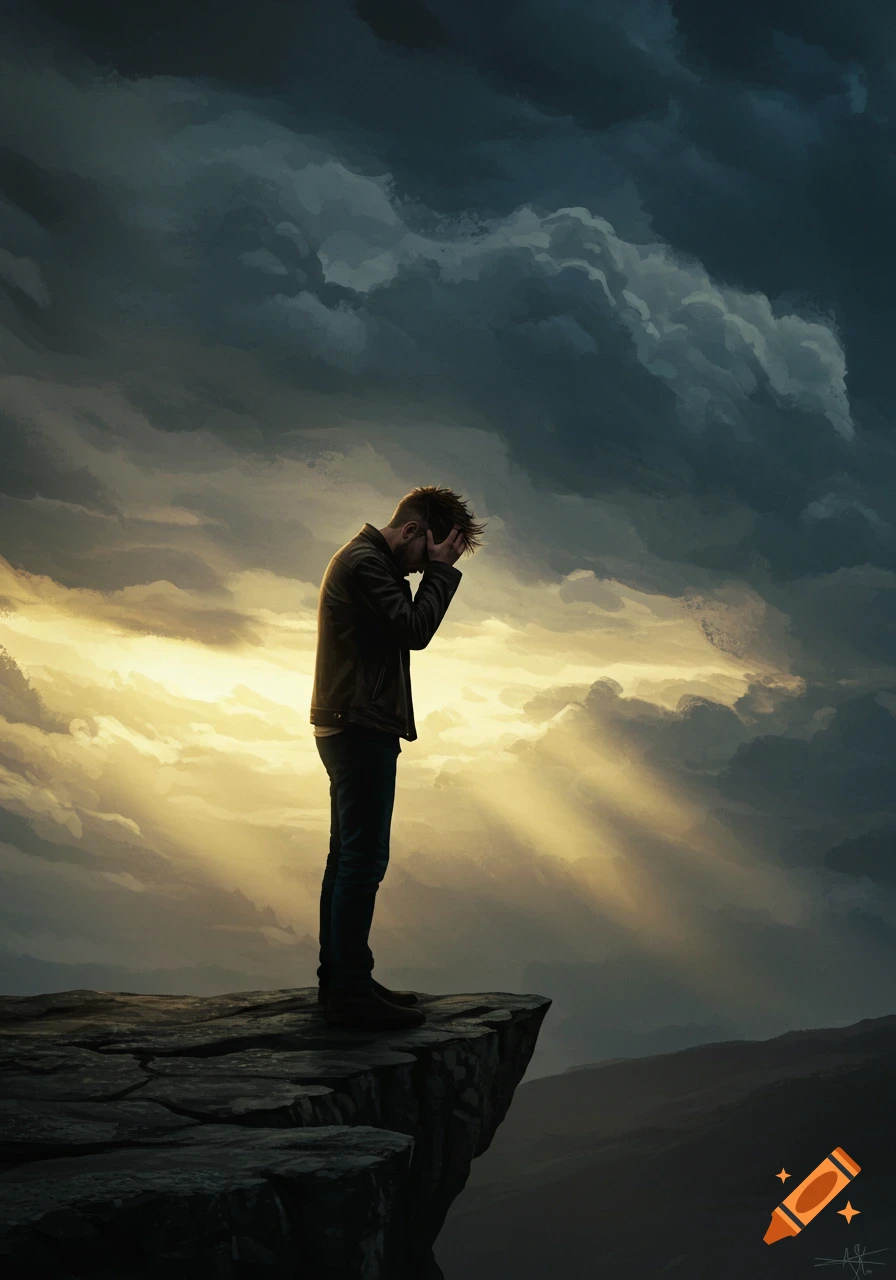 A man on a cliff edge holds his head in his hands under a dramatic sky with sun rays.