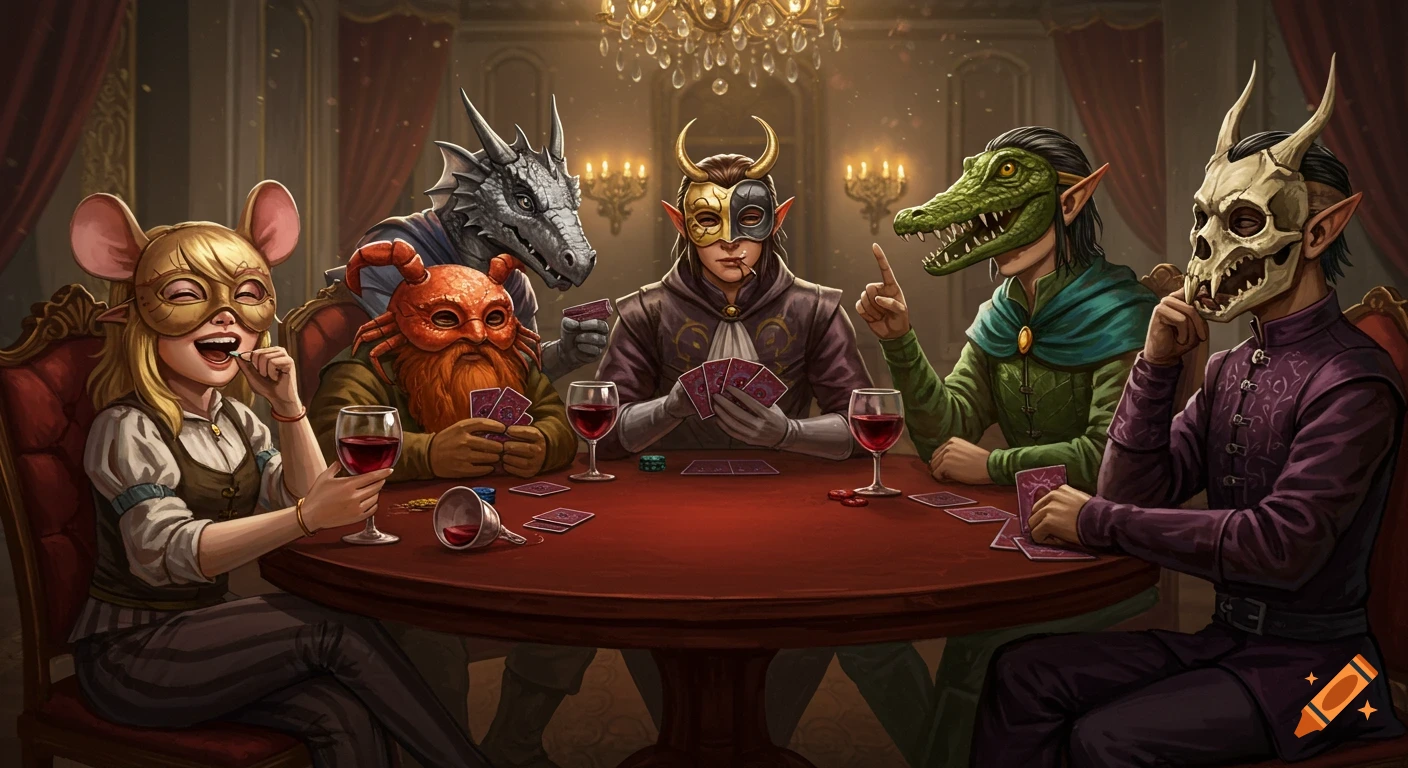 Masked fantasy characters play cards in a richly appointed room with drinks and chips on the table, in a digital art style.
