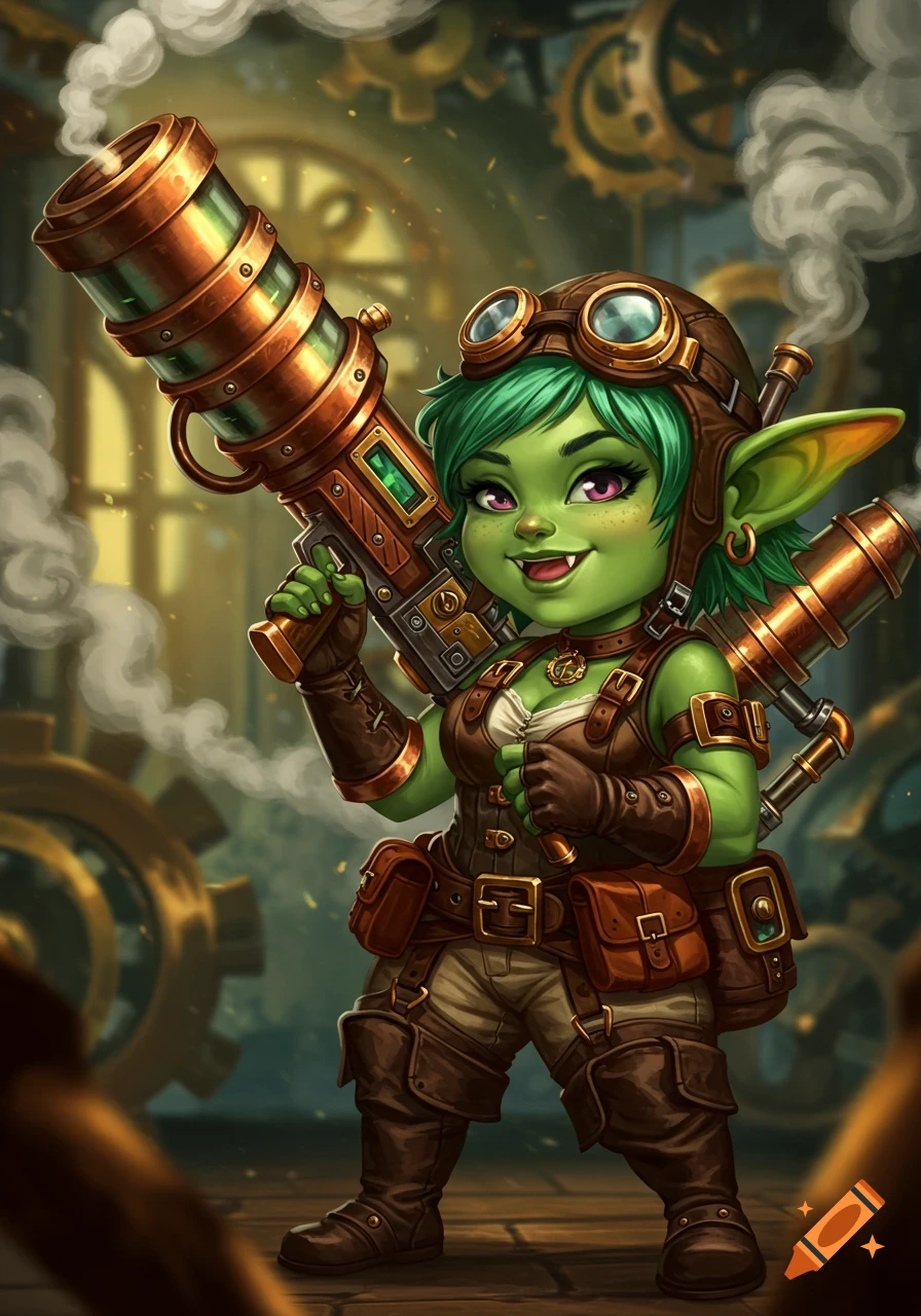 A cute green goblin in a steampunk outfit and goggles holds a large copper bazooka in an industrial setting. Stylized art.