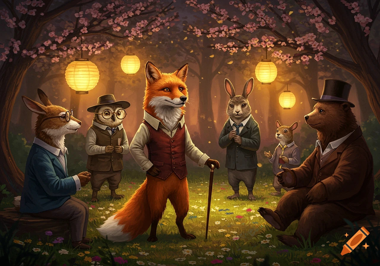 A detailed illustration of anthropomorphic animals in formal attire gathering in an enchanted woodland under cherry blossom trees and glowing lanterns at night.