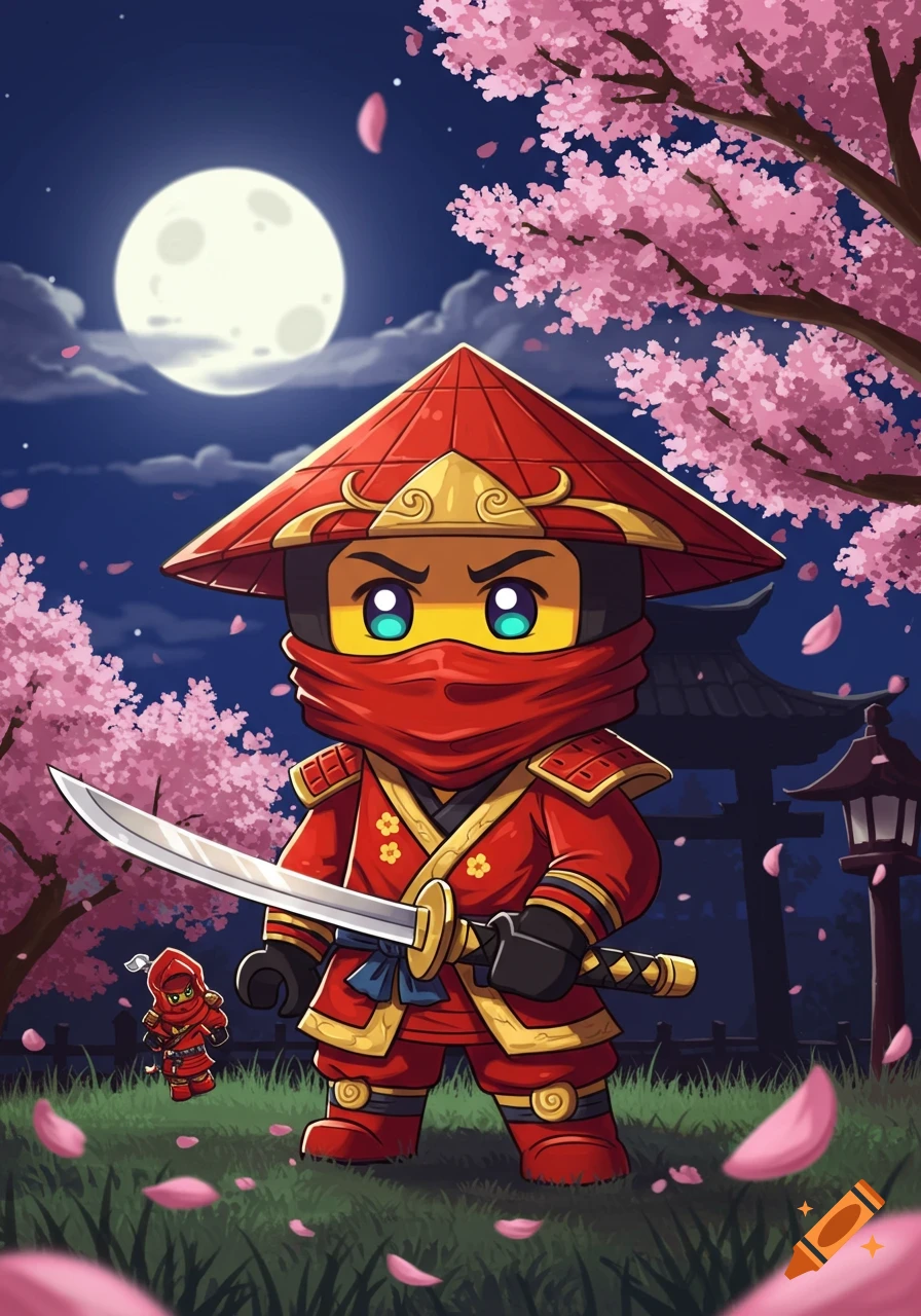A chibi ninja in a red and gold suit holding a sword under a full moon and pink cherry blossom trees at night.