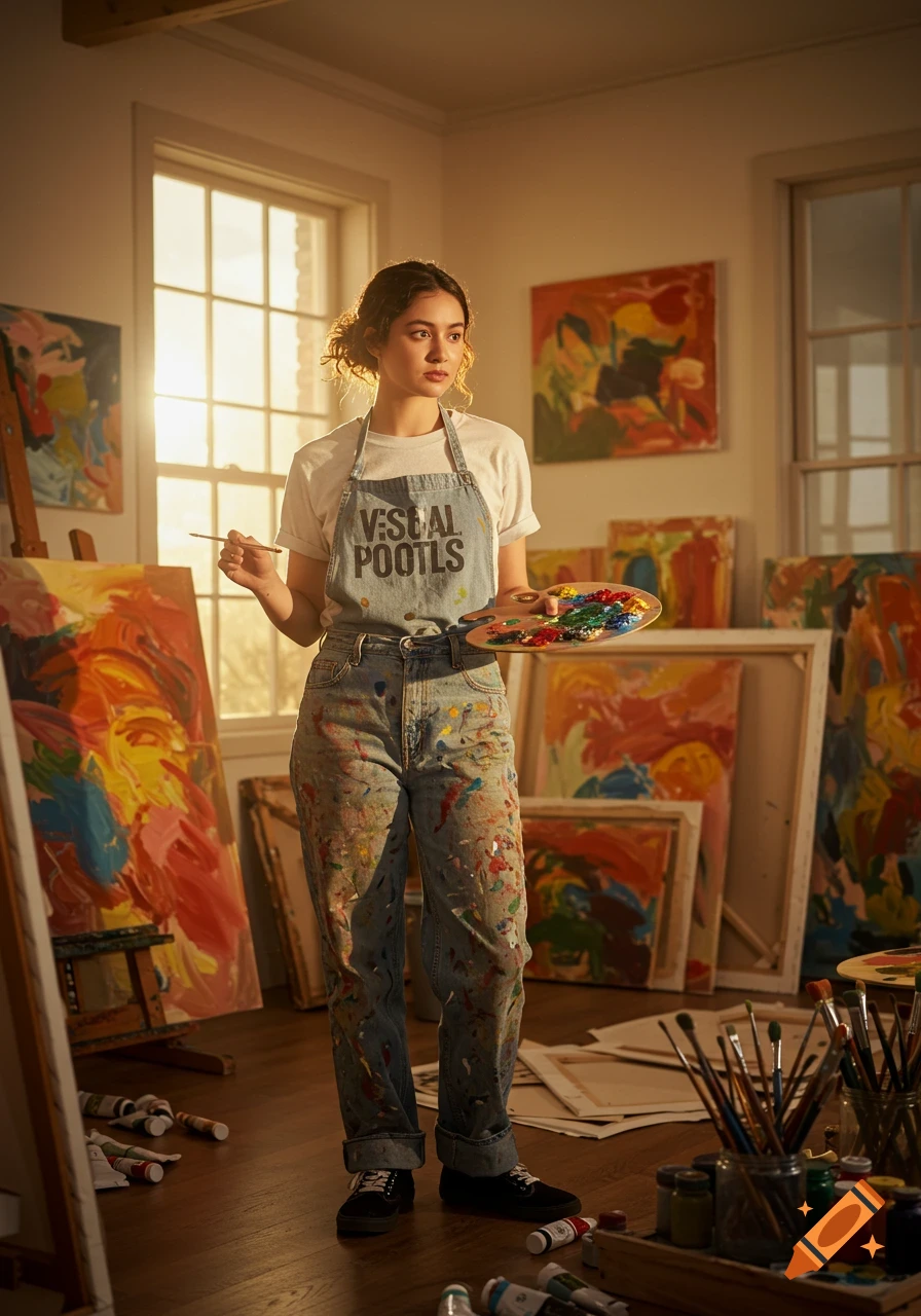 A photorealistic portrait of a female artist in a sunlit art studio, holding a paintbrush and a palette.