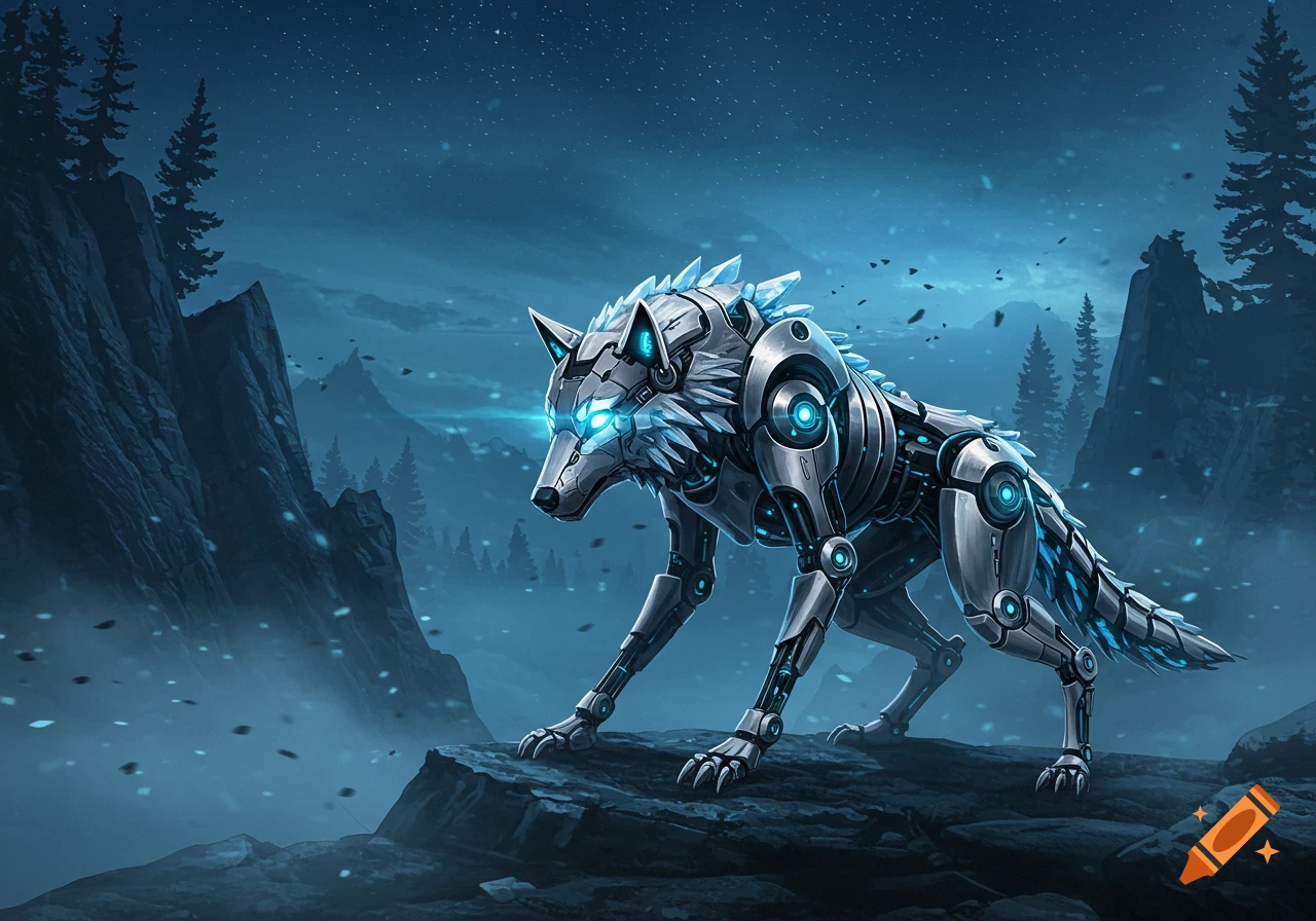 A majestic robot wolf with glowing blue eyes stands on a rock in a snowy, moonlit forest landscape.