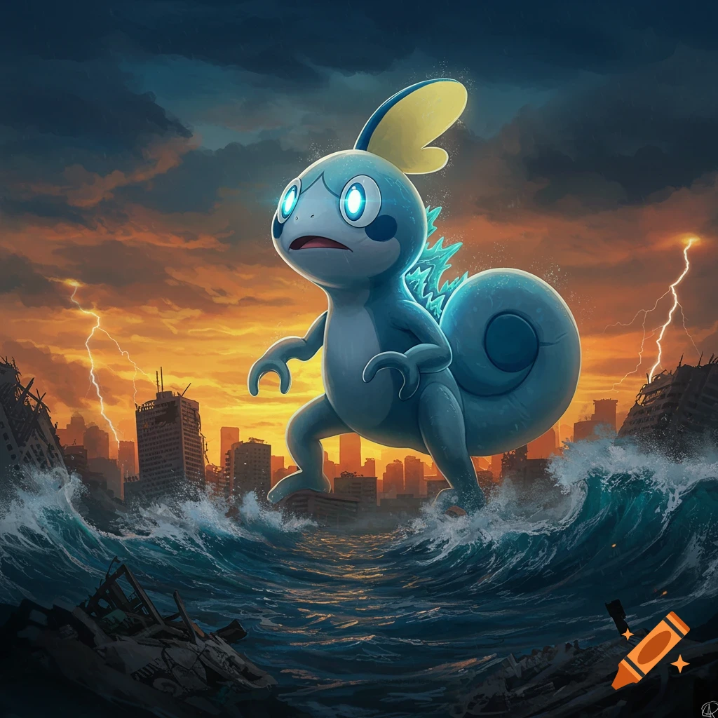 A giant, Godzilla-like Sobble (Pokemon) stomps through a ruined, flooded city under a stormy sunset with lightning.