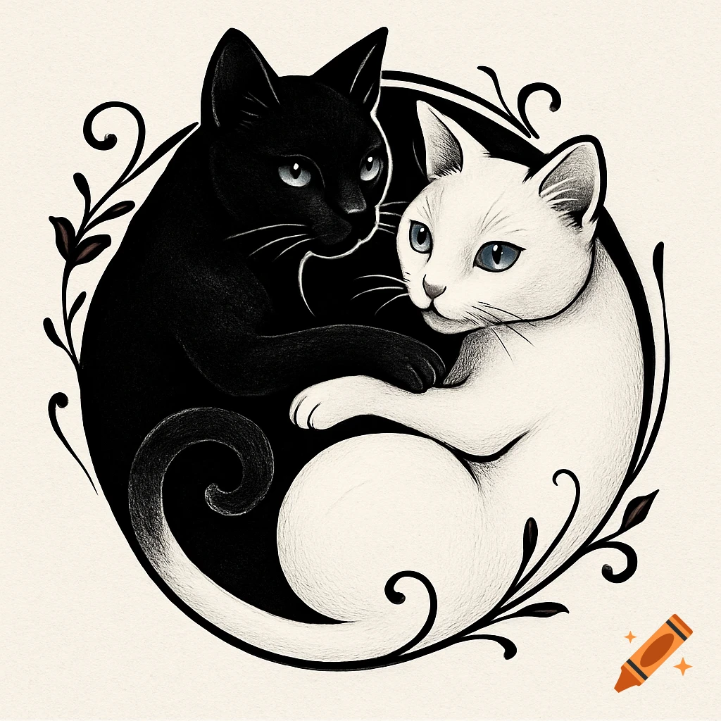Stylized illustration of black and white cats forming a yin-yang symbol with blue eyes and decorative scrolls.