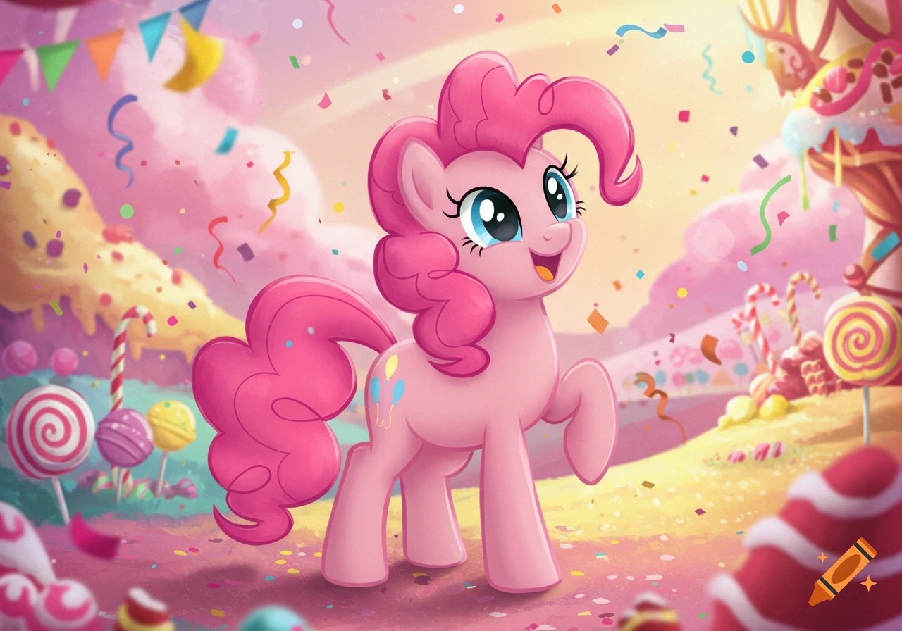 Pinkie Pie, a pink pony, smiles amidst colorful confetti and giant candies in a vibrant cartoon candy land.