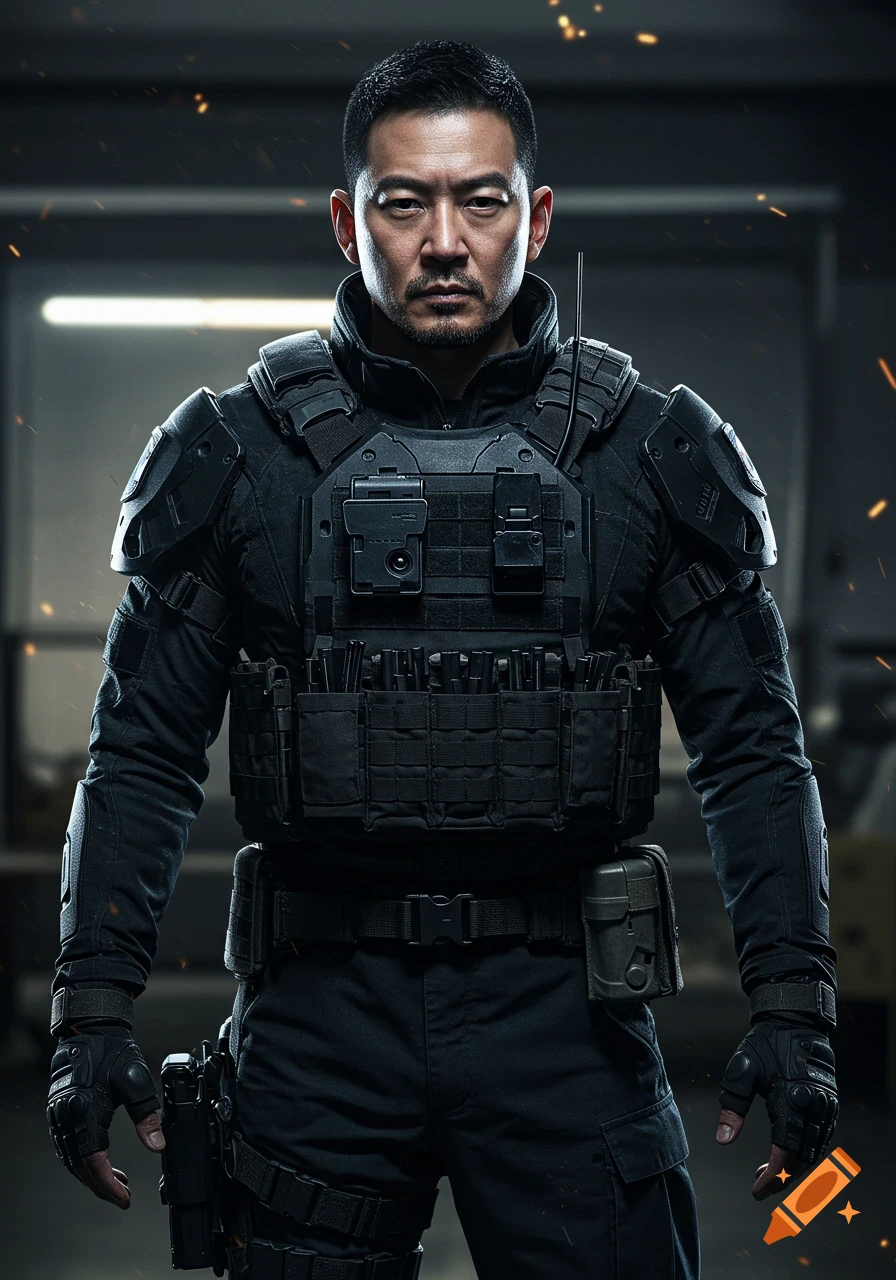 A photorealistic portrait of an intense Asian man in advanced military tactical gear, staring directly at the viewer.