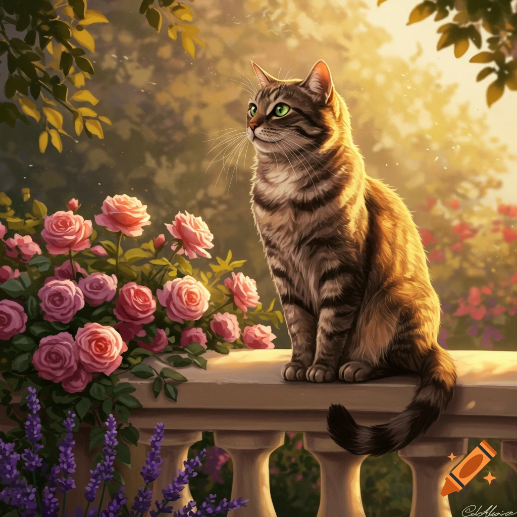 A tabby cat with green eyes sits on a stone balustrade in a sunlit garden, surrounded by pink roses and purple lavender.