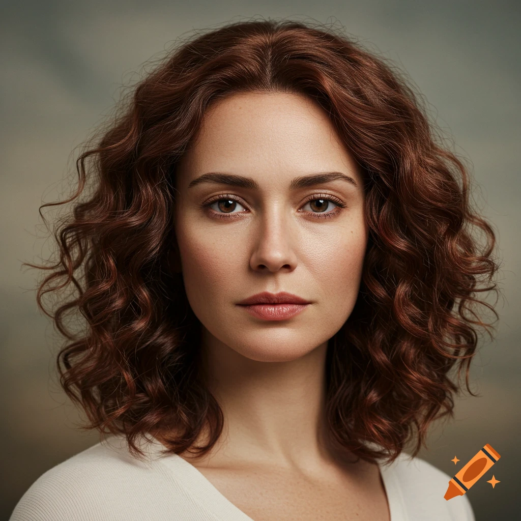 Photorealistic headshot of a woman with curly red-brown hair and dark eyes, wearing a light-colored top.