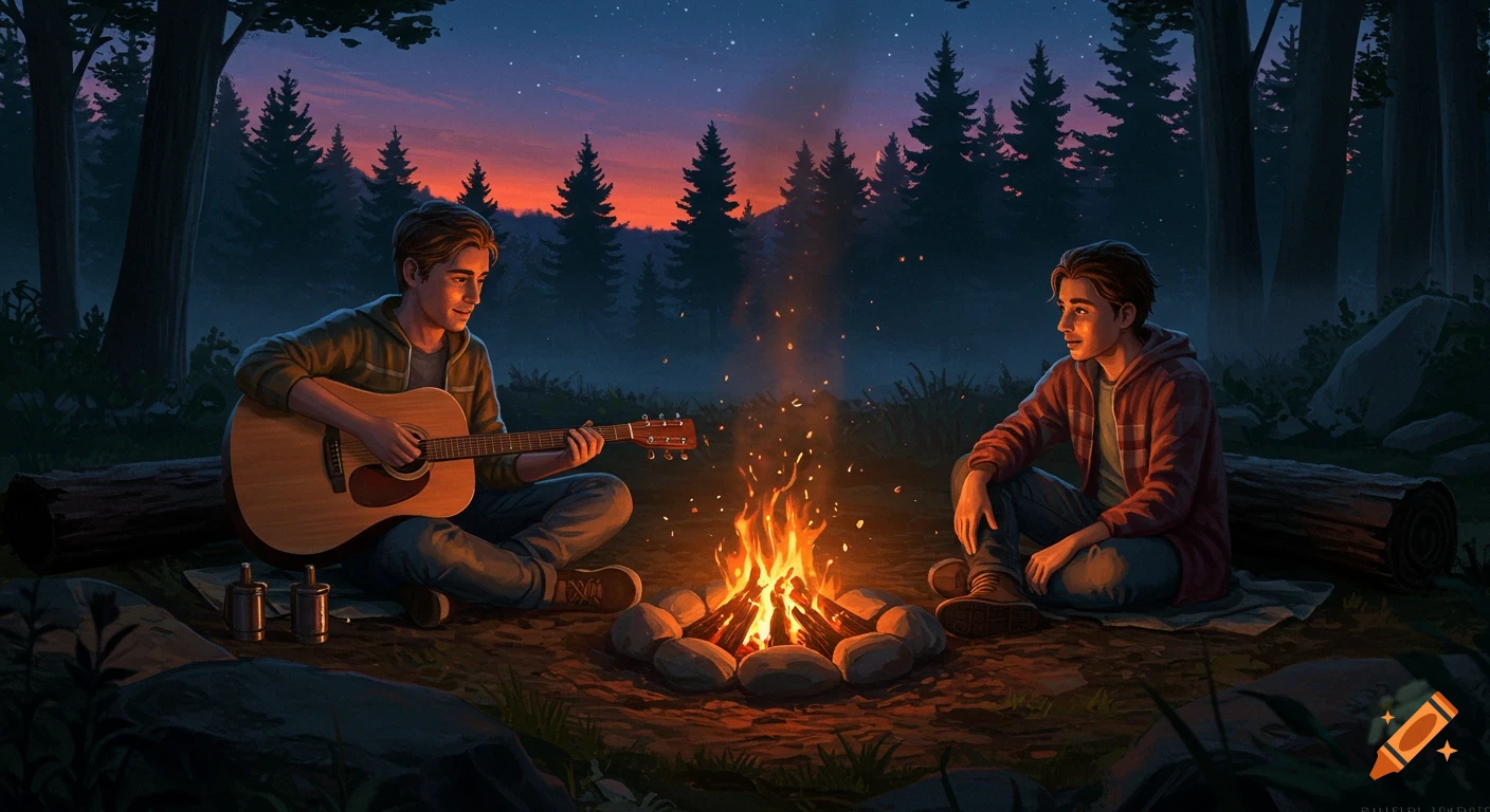 Two young men by a glowing campfire at dusk in a dark forest, one playing guitar, the other listening, painterly style.