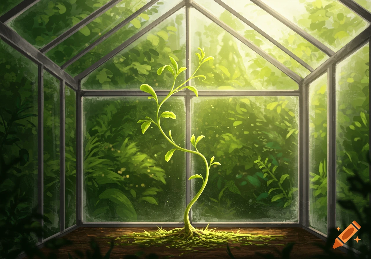 A thin green plant grows tall inside a bright greenhouse, its stem bending sideways after hitting the glass ceiling. Lush foliage surrounds it.