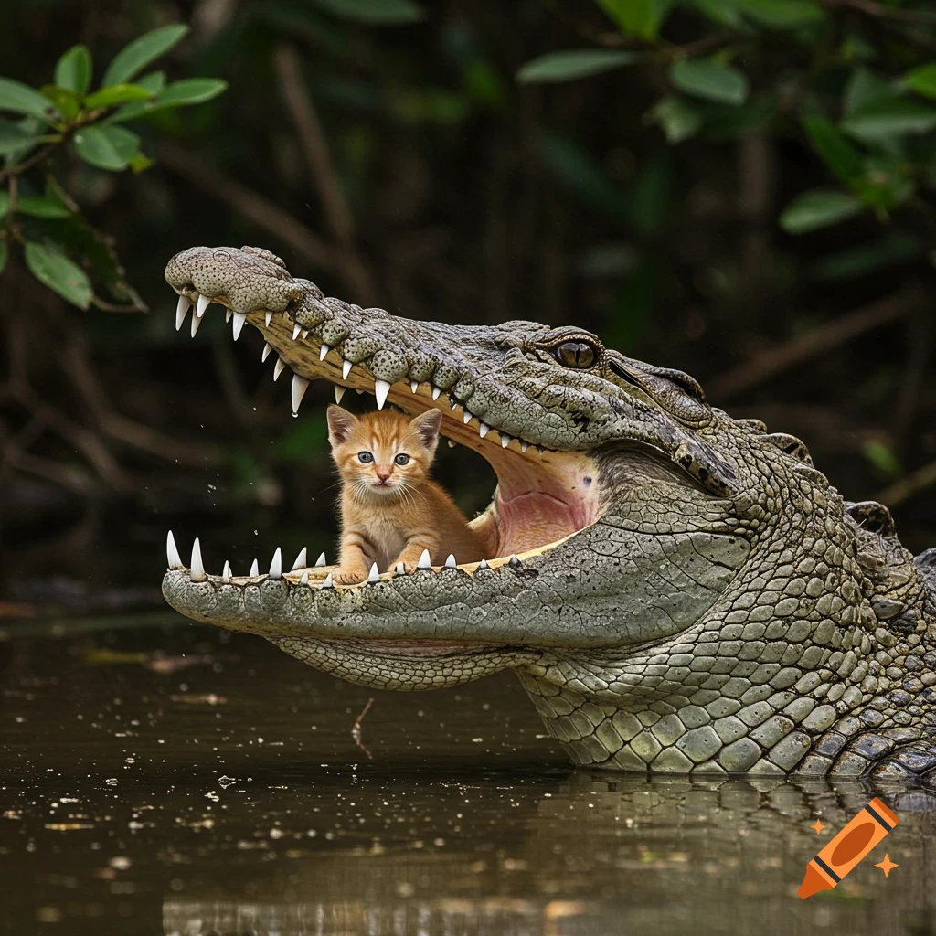 Photorealistic orange kitten sitting inside the open mouth of a large crocodile in murky water with green foliage in the background.
