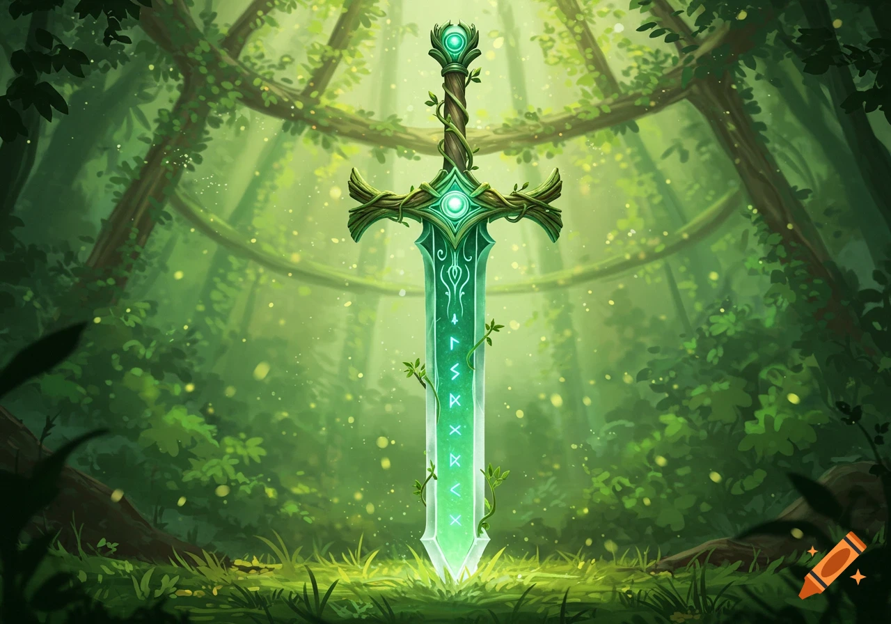 A vibrant green fantasy sword with glowing runes and vines stands in a magical, sparkling forest.