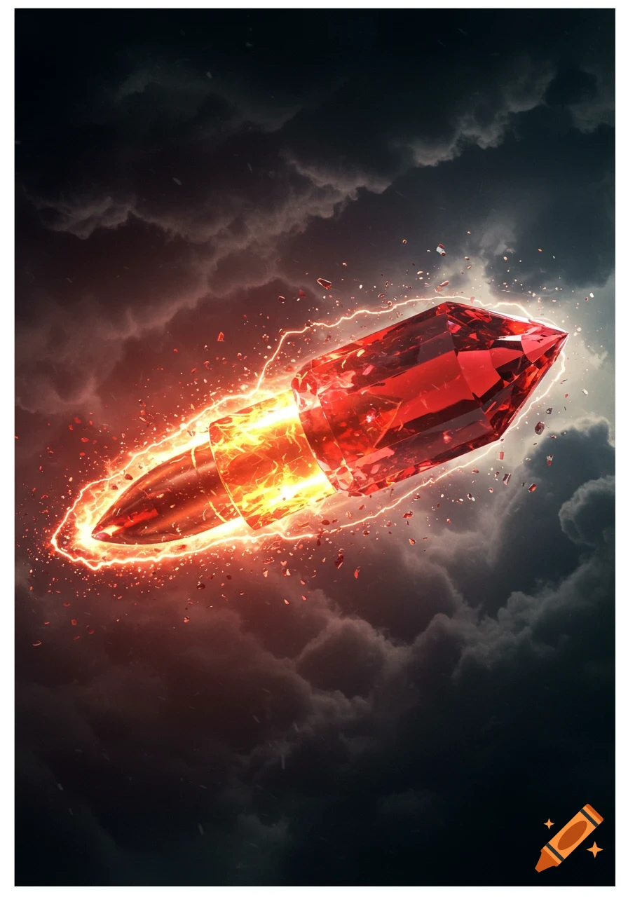A vibrant crimson crystal bullet with a fiery propulsion trail and lightning flying through dark, stormy clouds.