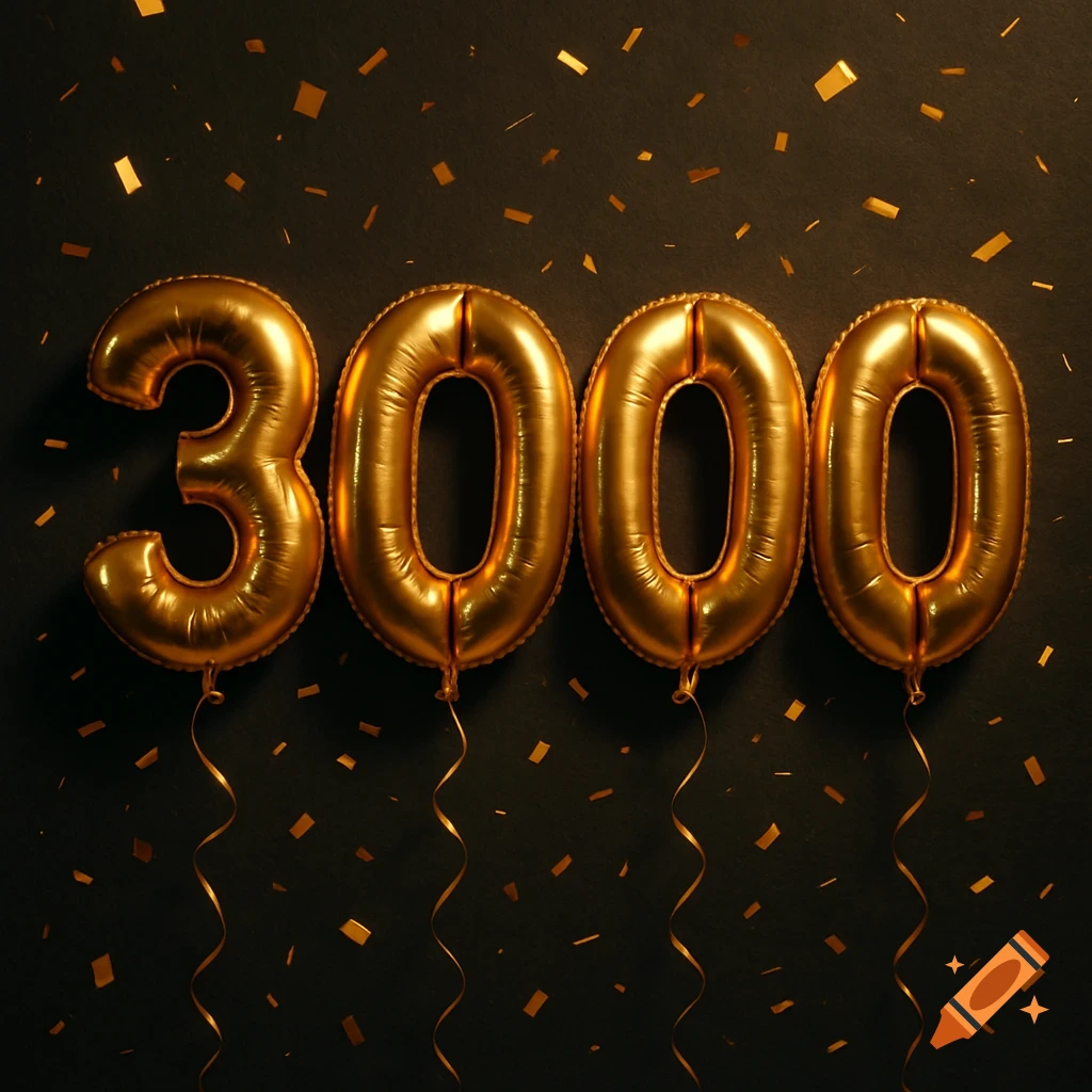Gold foil balloons spelling "3000" with confetti on a dark background.