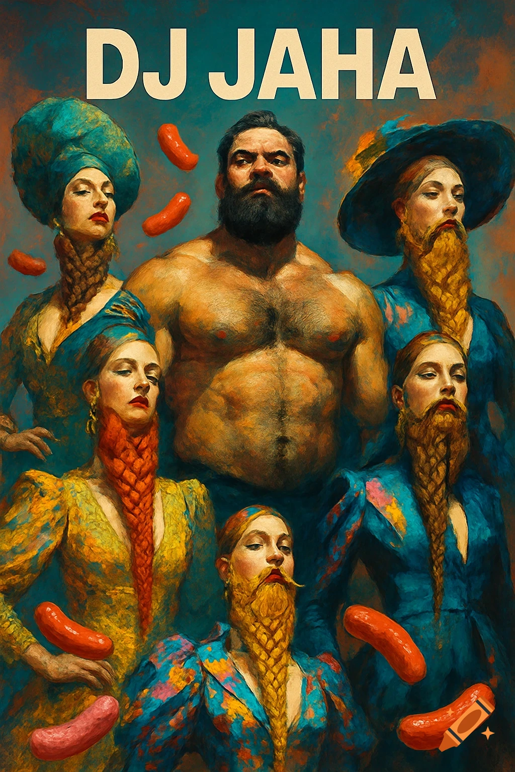 A painterly album cover featuring a muscular man, several women with braided beards, and floating sausages. Text reads 'DJ JAHA'.