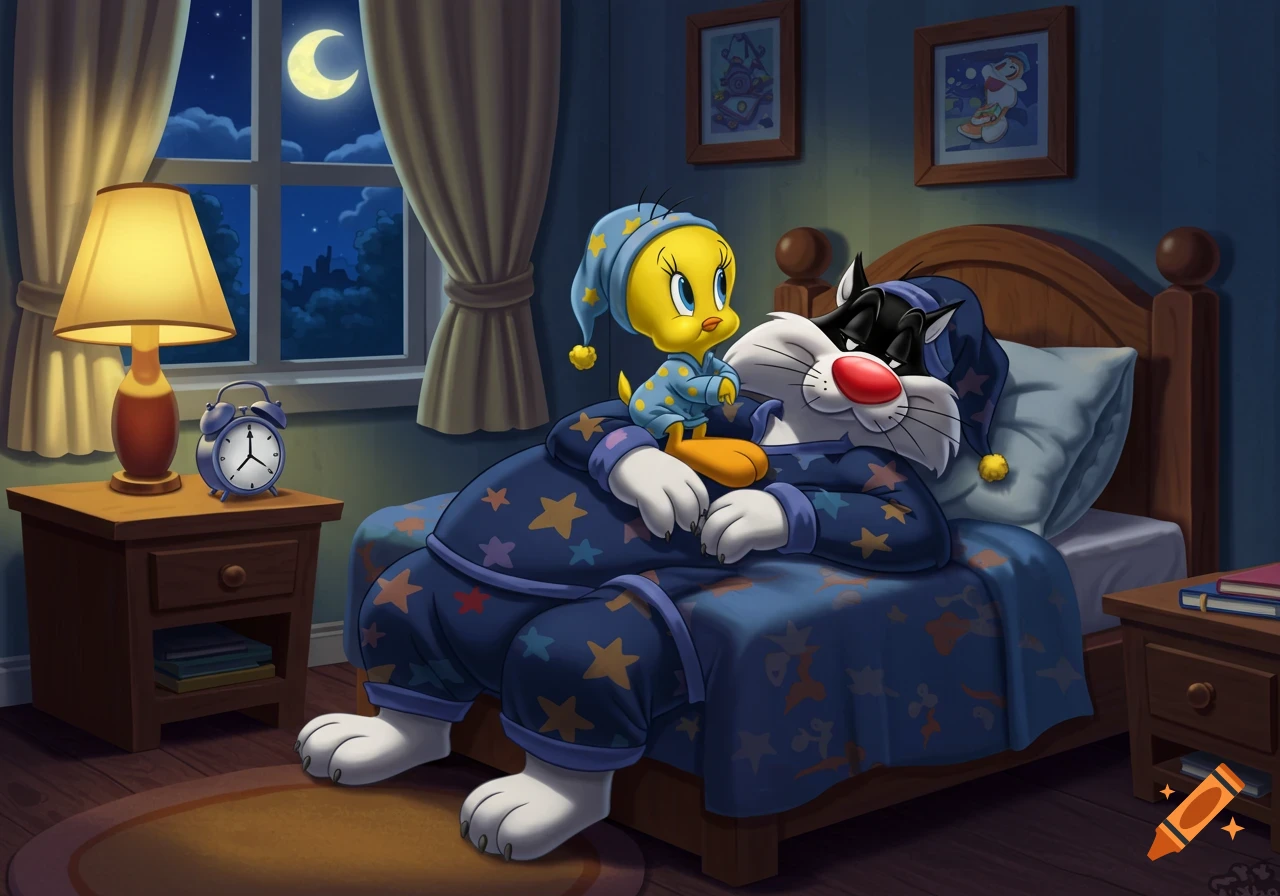 Tweety Bird and Sylvester the Cat in pajamas lying in bed at night, cartoon style.