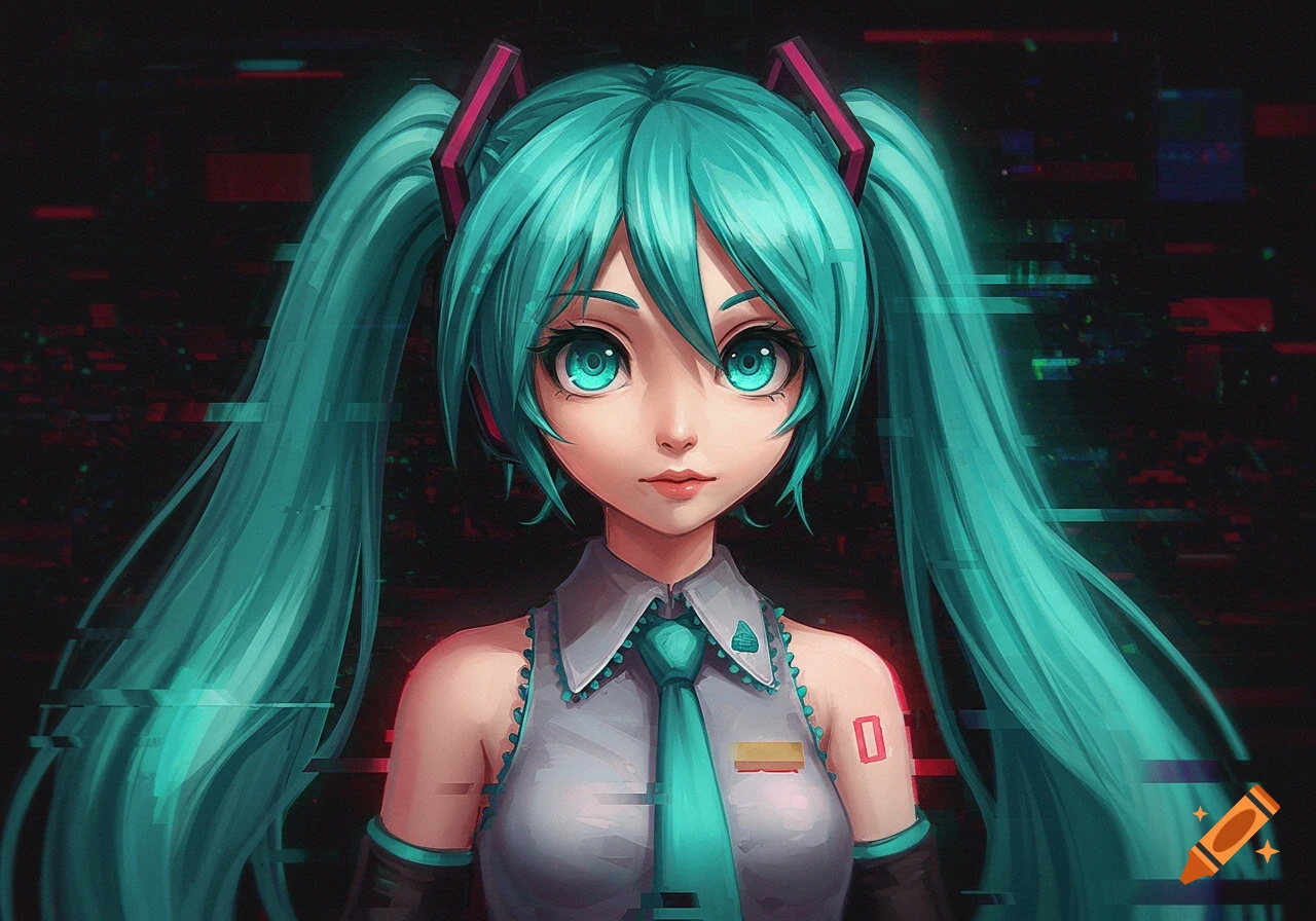 An anime character resembling Hatsune Miku with teal hair and eyes, against a dark, glitch-effect background. She wears a grey shirt and teal tie, with some numerical text on her arm.