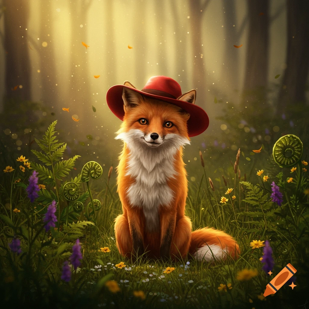 A cute fox in a red hat sits smiling in a sun-dappled forest, surrounded by green ferns and wildflowers.