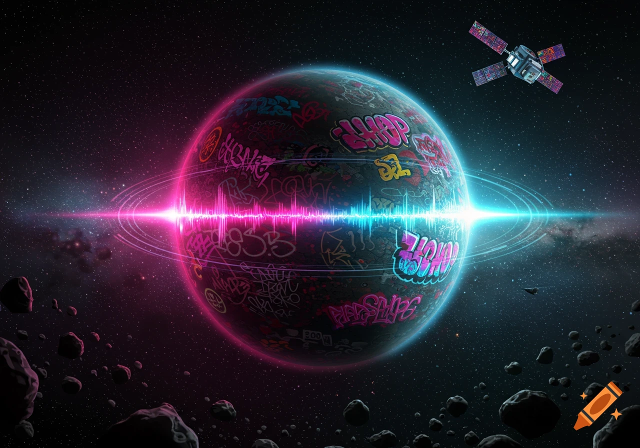 A stylized planet covered in colorful graffiti tags, with a vibrant pink and blue light beam across its equator, viewed from deep space with a satellite and asteroids.