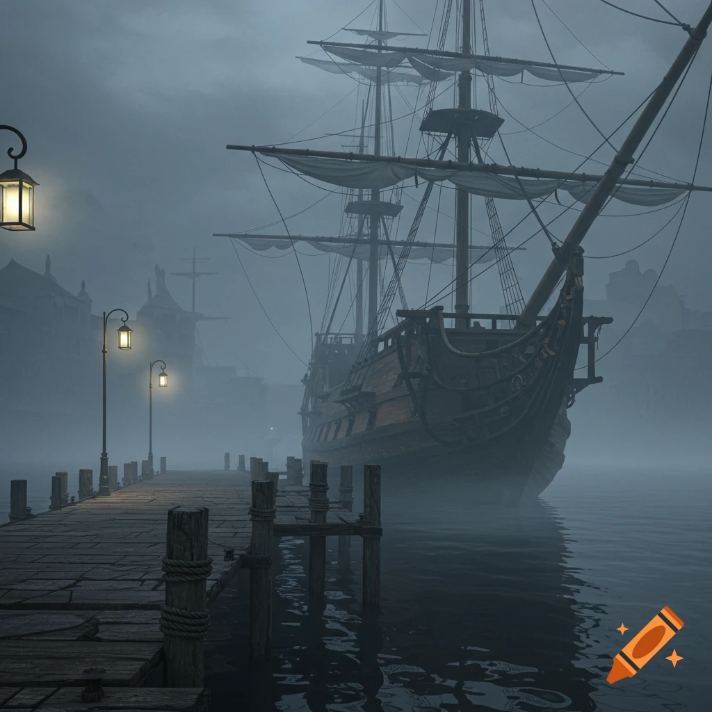 A large, mysterious sailing ship docked at a foggy harbor pier with glowing lanterns.