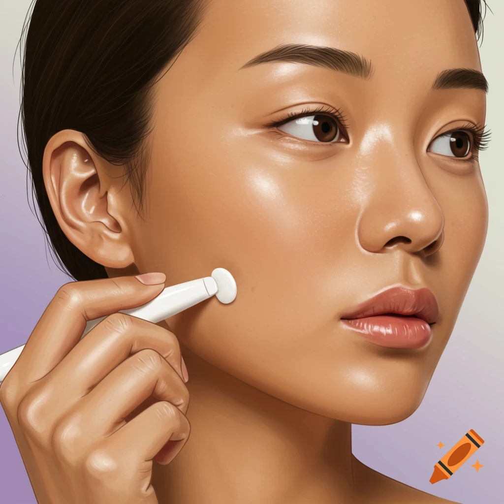 An illustrative close-up of a woman applying a white stick to her cheek with a focused expression.