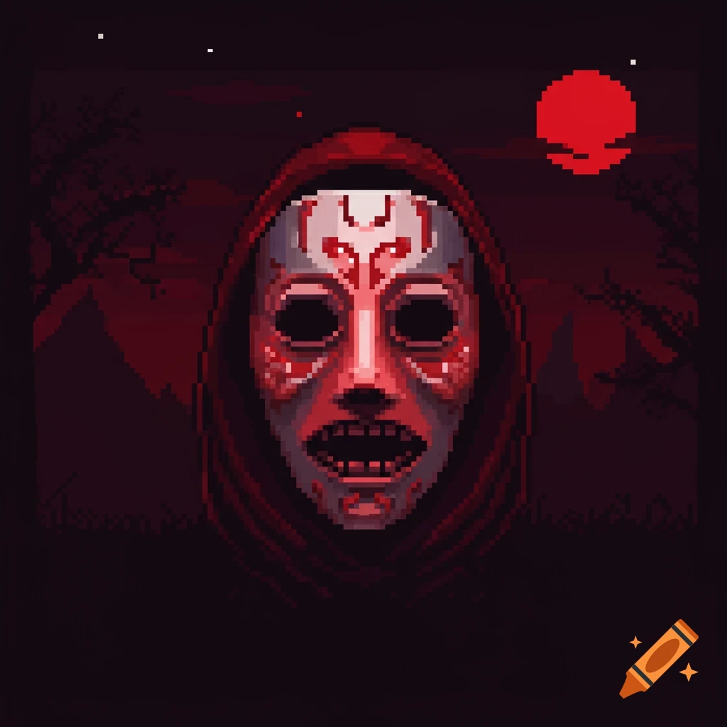 Pixel art of an evil red and white mask with a gaping mouth and hollow eyes, on a hooded figure against a dark red background with a red moon.