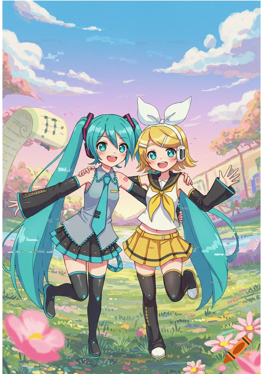 Hatsune Miku and Kagamine Rin smile and wave, standing in a vibrant, pixel-glitched field with a musical scroll in the background, in an anime style.