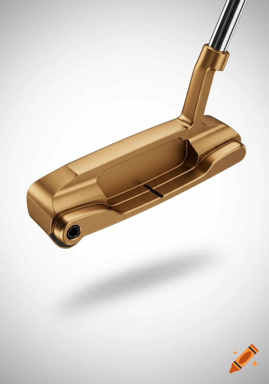 A bronze-colored mallet golf putter with a black line on its face, resting on a white background with a shadow.