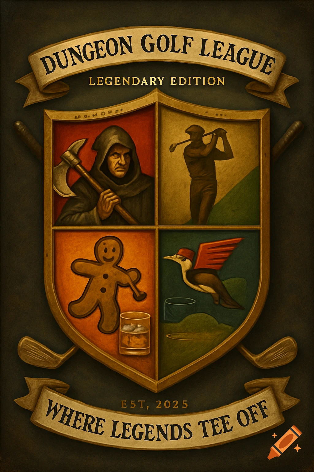 A "Dungeon Golf League" coat of arms featuring an executioner, a golfer, a gingerbread man, whiskey tumblers, and a woodpecker, in an antique style with rich, muted colors.
