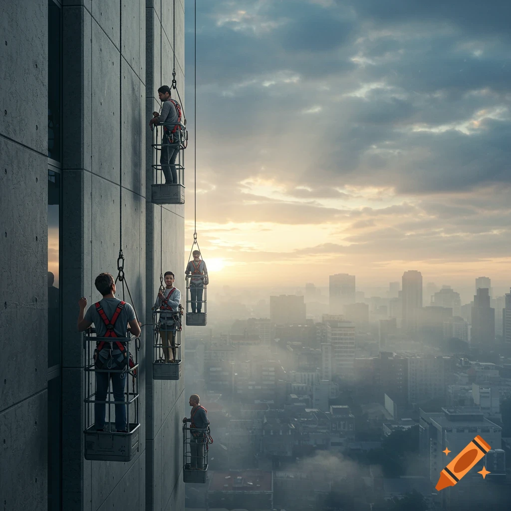 Photorealistic image of men working on the exterior of a skyscraper in individual gondolas, with a hazy cityscape at sunrise.