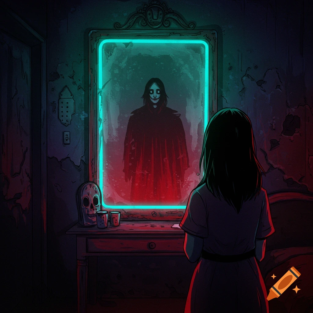 Creepy 2D illustration of a girl facing a mirror reflecting a pale-faced, red-cloaked ghost in a dark, neon-lit room.