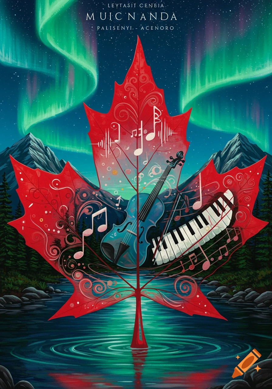 Stylized red maple leaf with musical notes, a violin, and a keyboard, set against a background of mountains, a river, and the aurora borealis.