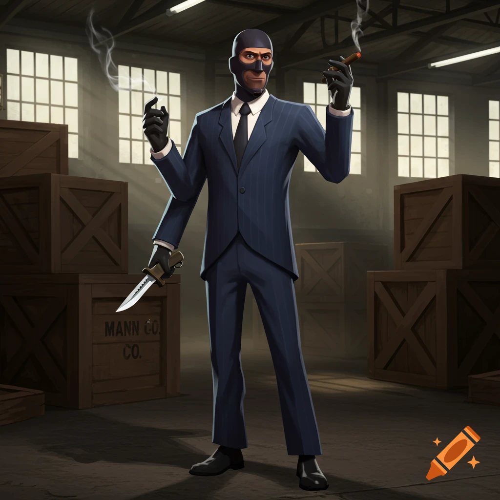 A stylized man in a dark blue pinstripe suit and black balaclava, holding a knife and smoking a cigar, stands in a warehouse with wooden crates.