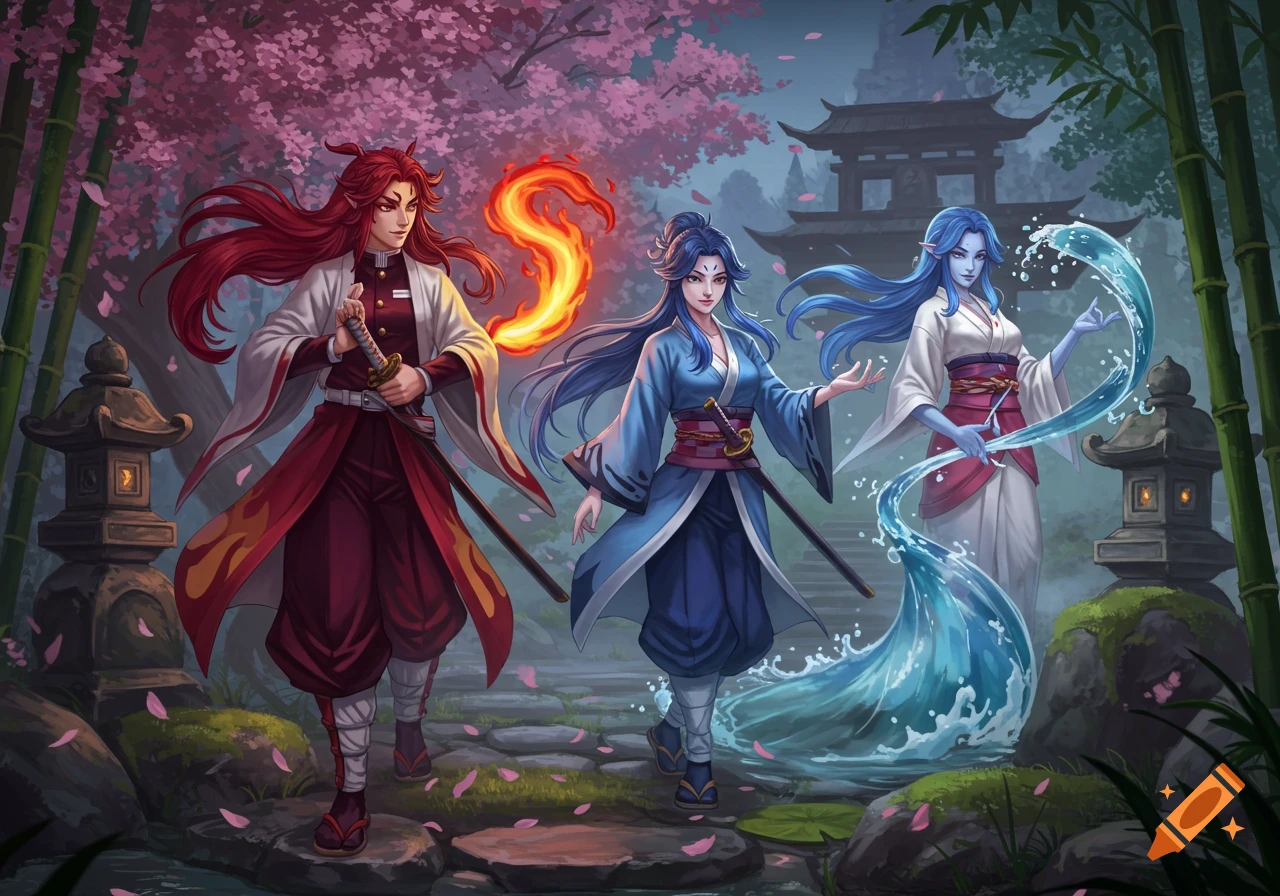 Three fantasy women, one with fire, two with water, in traditional Japanese attire, in a cherry blossom garden with a pagoda.