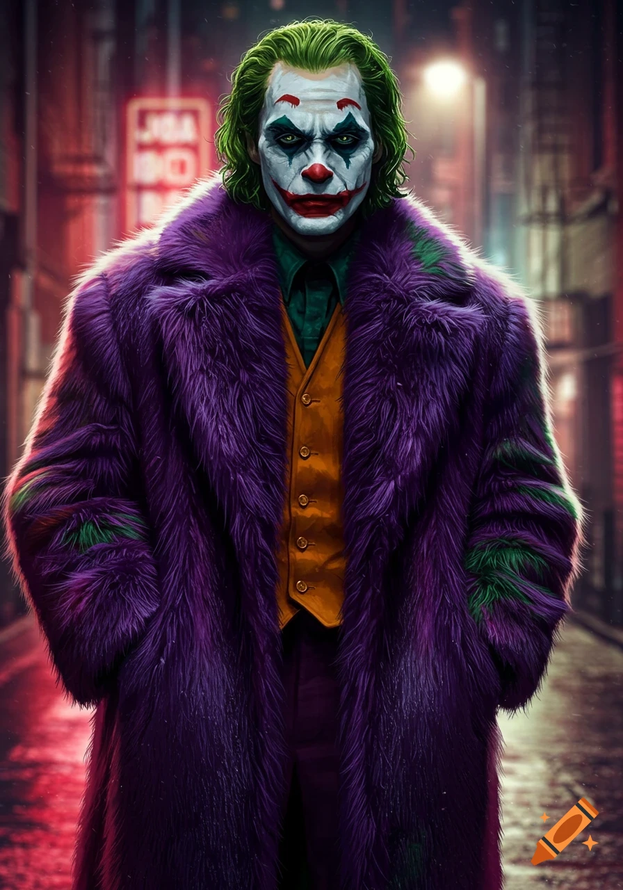 The Joker, in clown makeup and green hair, wears a purple fur coat and yellow vest, standing on a dark, neon-lit city street.