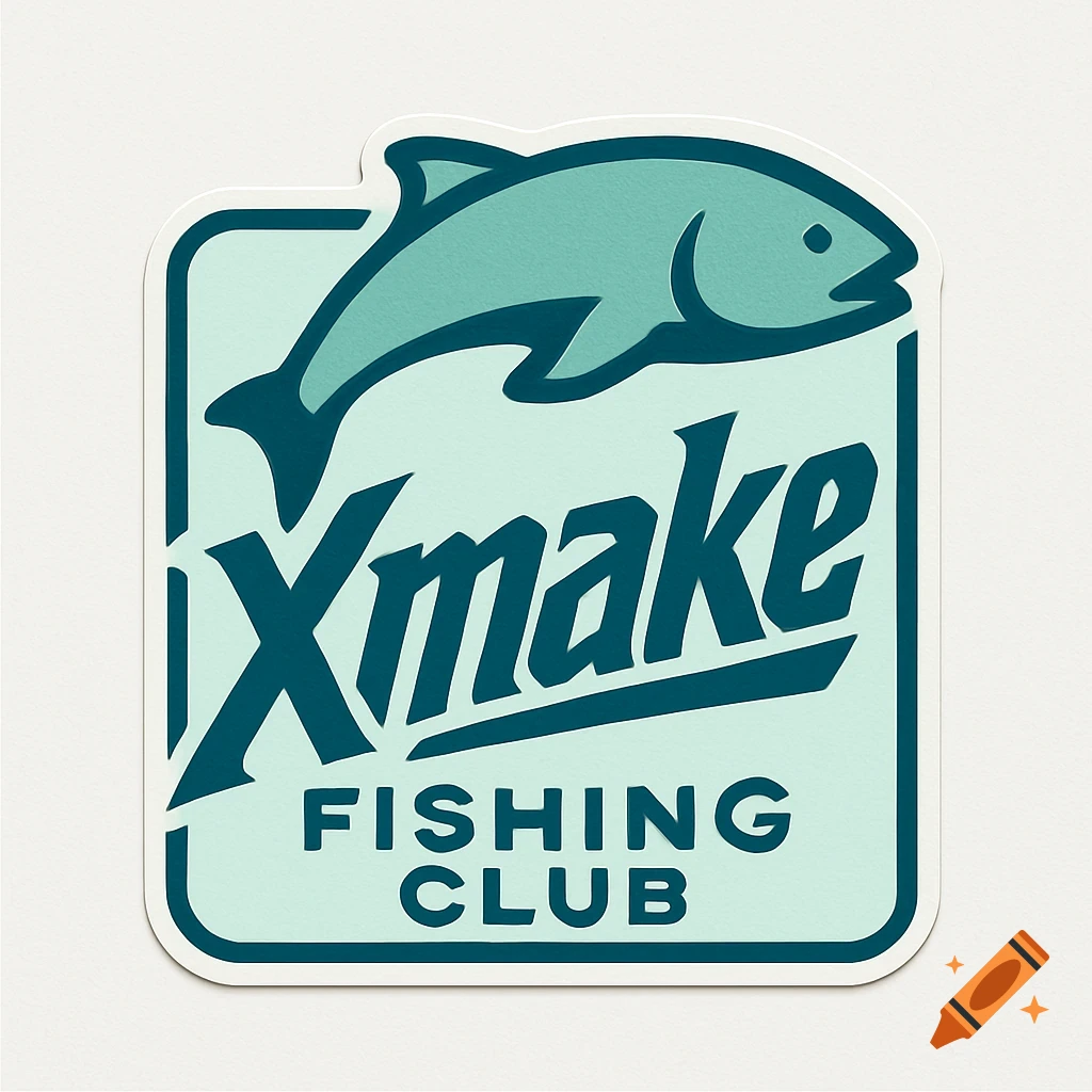 A mint green and teal Xmake Fishing Club logo sticker with a fish jumping over the club name.
