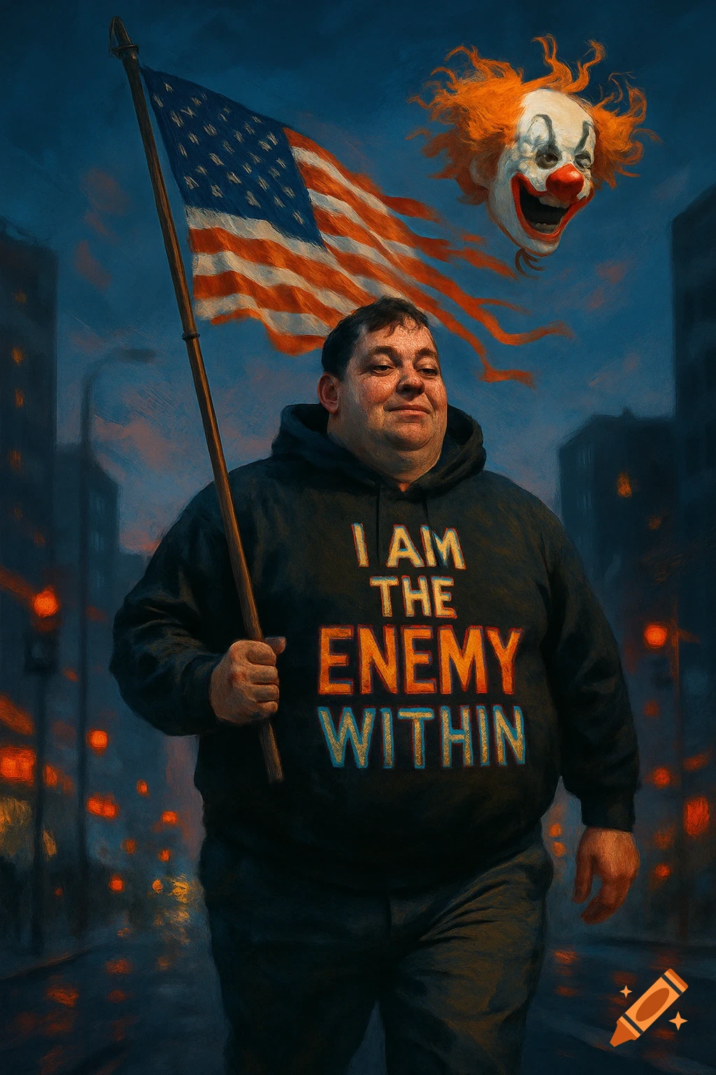 A chubby man in a black hoodie walks in a city at dusk, holding an American flag with a creepy clown's head on its pike. His hoodie reads 'I AM THE ENEMY WITHIN'.